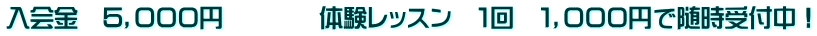 入会金　５，０００円　　　　体験レッスン　１回　１，０００円で随時受付中！